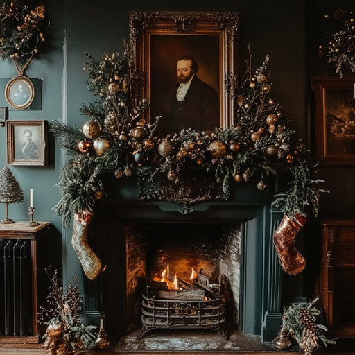 Victorian fireplace with antique ornaments and framed portrait