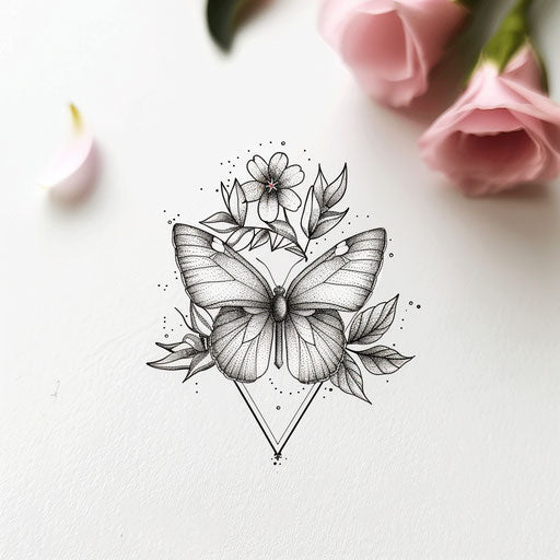 Geometric butterfly intertwined with geometric flowers, modern tattoo design