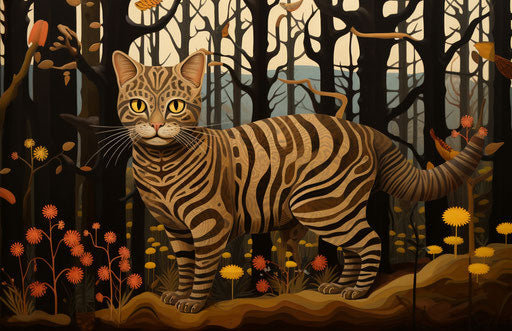 Brown spotted cat walking in an open forest