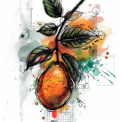 Futuristic flat tattoo sketch of jagua fruit with digital pixelated effects