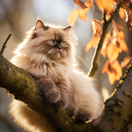 Himalayan cat lying on a tree branch