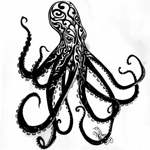 Tribal kraken tattoo design with bold patterns on white background