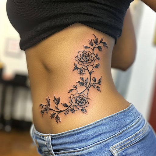 Women's side tattoos with floral vine and delicate roses