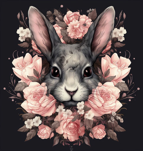 Black rabbit with flowers in tattoo style, realistic chiaroscuro