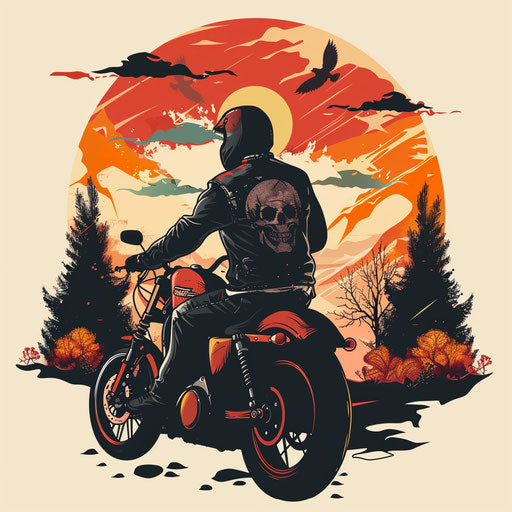 Cozy clipart style flat tattoo sketch of a biker with a warm sunset and autumnal colored background