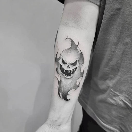 Ethereal ghost tattoo in shades of gray and white