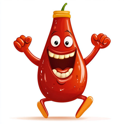 Humorous caricature of a ketchup clipart with human characteristics, exaggerated grin teeth, toes feet, dancing, vibrant colors, cartoon style, surprised, high-resolution, no background, isolated