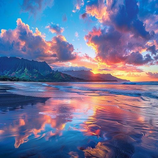 Hanalei Bay Beach, Kauai at sunset with vibrant colors reflecting on the ocean, in the style of Elia Locardi