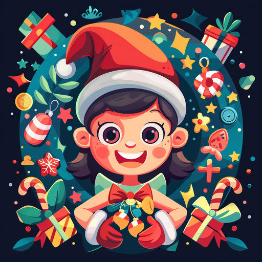 Holiday-themed cartoon logo with festive elements and cheerful colors