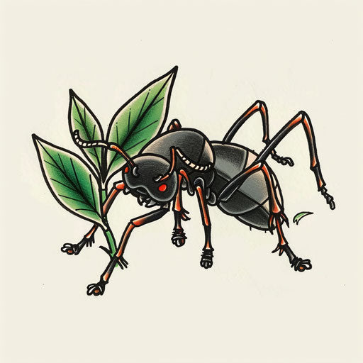 A beautiful flat tattoo sketch of an ant carrying a leaf