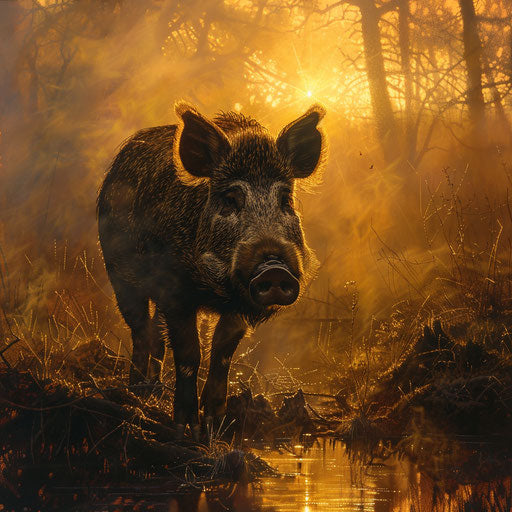 Wild boar at dawn with golden light