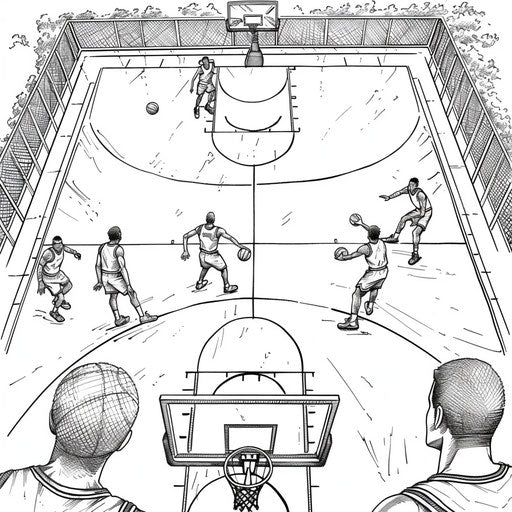 Detailed illustration of a basketball court with players in position