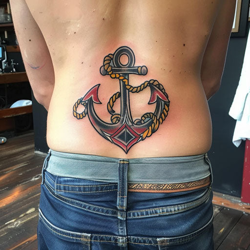 Anchor lower back tattoo, Sailor Jerry style