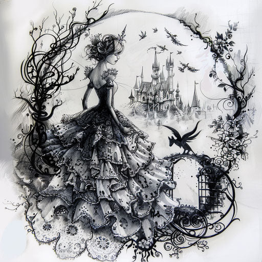 Whimsical lace tattoo sketch with fairytale creatures and enchanted forests