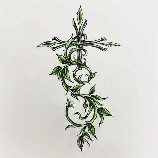 Simple cross with vine, green and black ink tattoo design on white