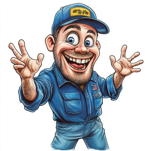 Humorous caricature of a mechanic with exaggerated human characteristics