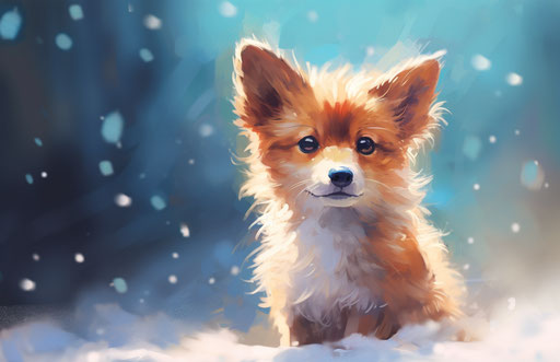 Puppy in the snow looking towards the light