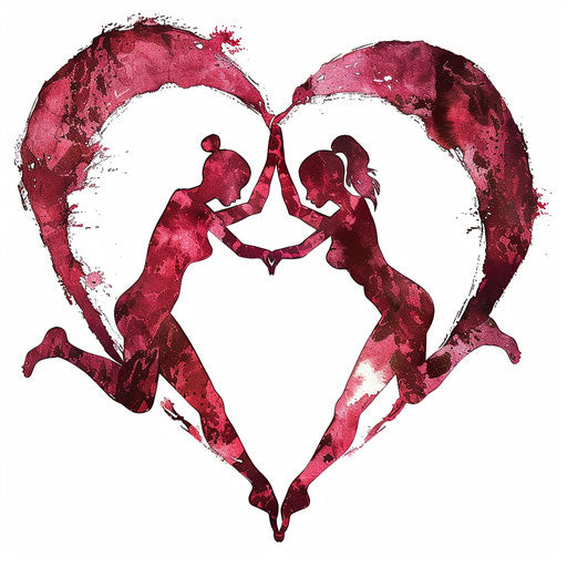 Romantic tattoo sketch of two figures doing a partner yoga pose, forming a heart in reds and pinks silhouettes, loving clipart style