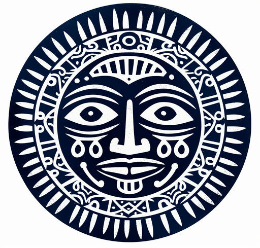 Afromalaic style face in a circle, classic tattoo motifs