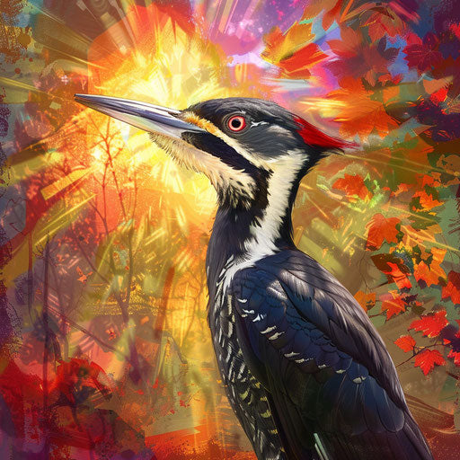 Ivory billed woodpecker with vibrant sunlit background, in the style of Roeselien Raimond