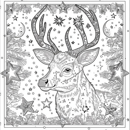 Intricate design of a deer surrounded by stars and moon motifs