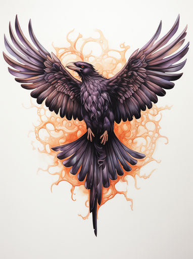 Crow tattoo with light purple and amber wings
