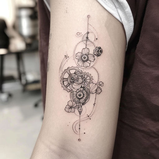 Small tattoos for women in the style of Adrian Smith with a steampunk gear