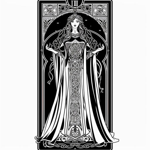 The High Priestess tarot card, ready for tattooing, drawn in a Celtic style with intricate knots and loops, presented on a white background.
