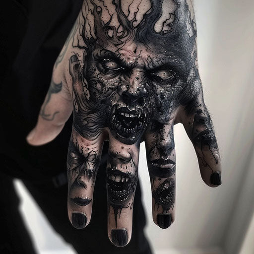 Men's hand tattoo with eerie demonic faces