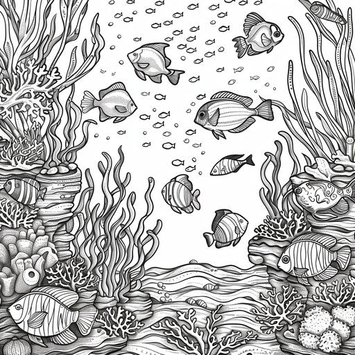 Whimsical underwater scene with fish painting coral reefs
