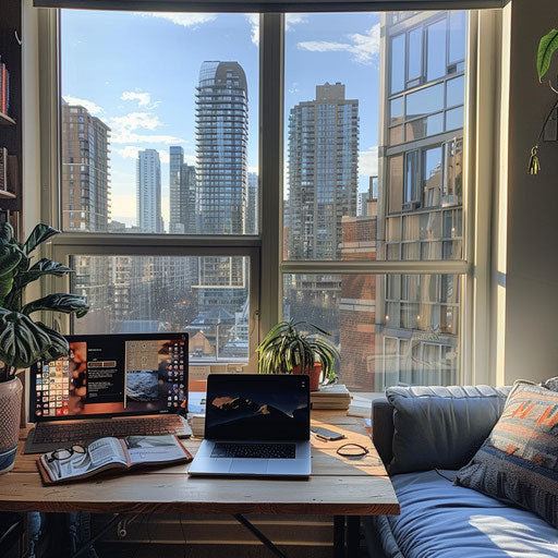 Cozy office nook with desk, laptop, and city skyline view