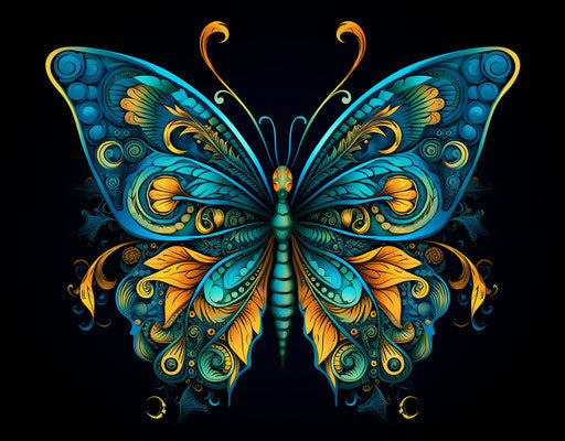 Tribal butterfly in dark sky-blue and yellow style
