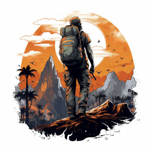 Adventure in the style of Chiaroscuro Art, on white background