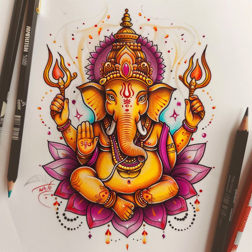Joyful Ganesha tattoo sketch, clipart style with festive details