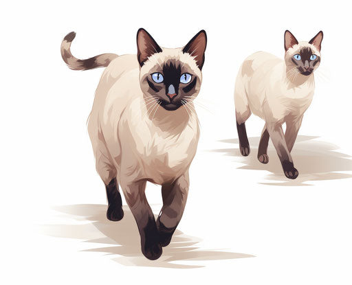 Siamese cat walking on white background, light maroon and dark indigo style, exaggerated features, Kushan Empire