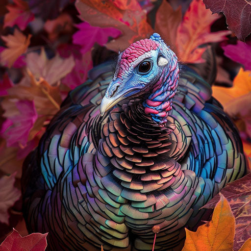 Wild turkey surrounded by colorful foliage, in the style of Roeselien Raimond