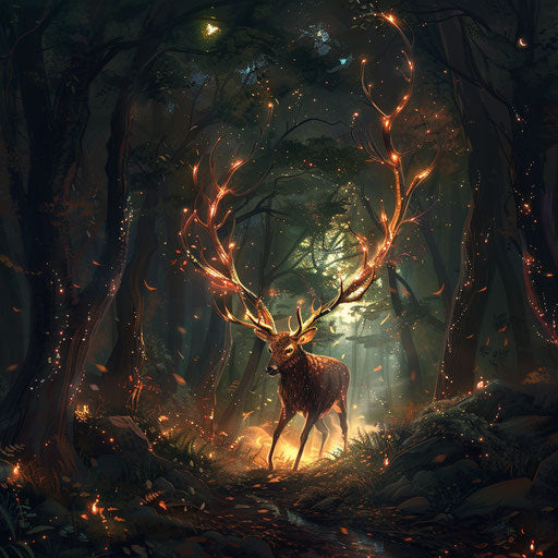 Elk with glowing antlers in a dark forest