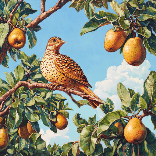 Partridge on a pear tree under a blue sky