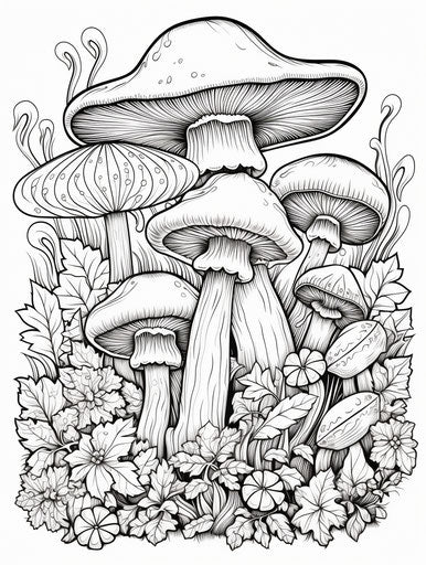 Coloring pages of mushrooms with flowers in the garden