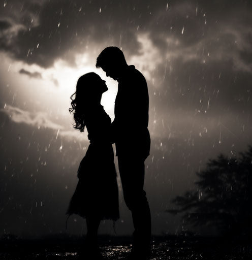 Silhouette of couple near moon under cloudy sky