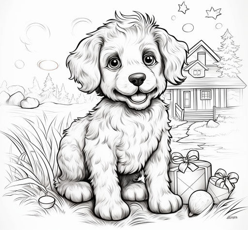 Happy birthday coloring pages for kids, in the style of rtx on, storybook illustration, caninecore, polka dots, sculpted, composed, handsome 29:27