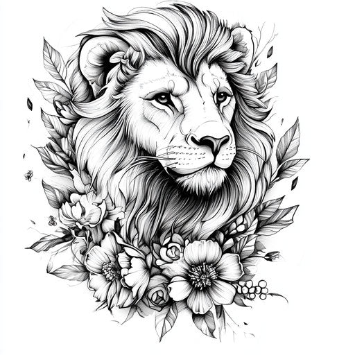 Detailed lion tattoo sketch with floral embellishments
