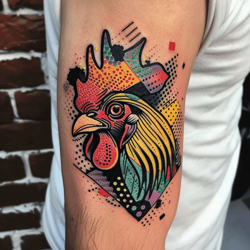 Pop art rooster tattoo with bold colors and dot patterns