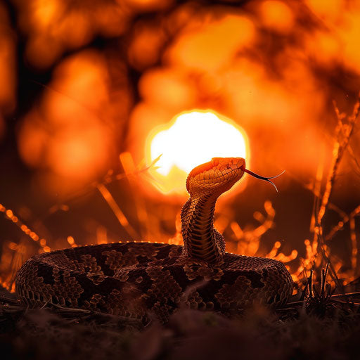Rattlesnake silhouette against fiery sunset in the savanna