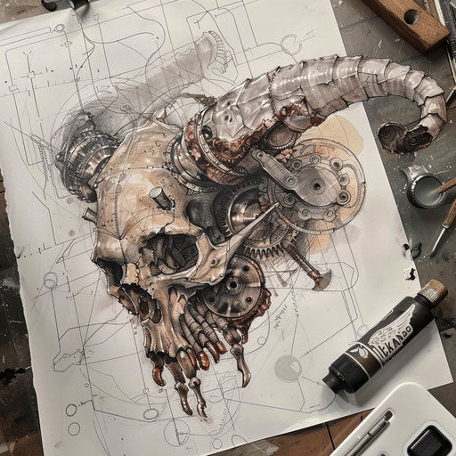 Industrial sketch of the Taurus constellation with mechanical gears and metallic silver and grey shades