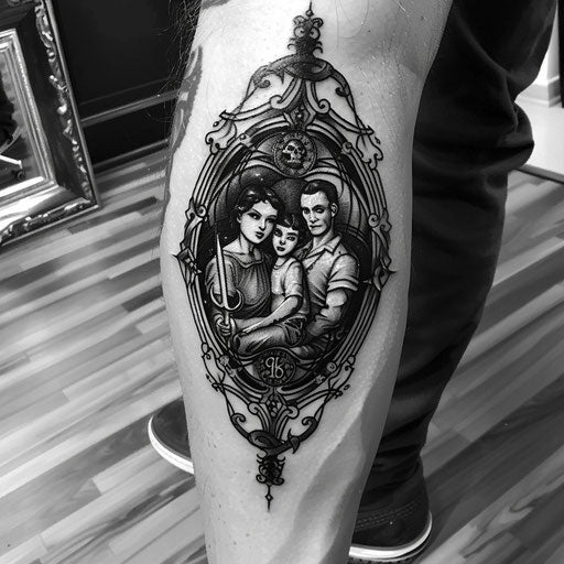 Dark and gothic-themed family tattoo with ancestral symbols