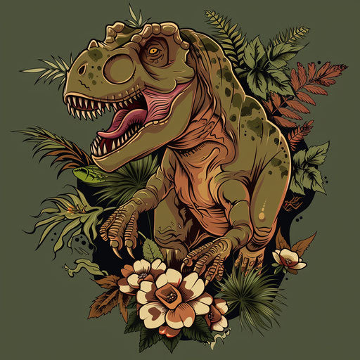 Classic flat tattoo sketch of a T rex with Jurassic foliage