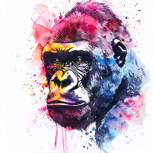 Abstract watercolor gorilla tattoo art, vibrant colors blending on white