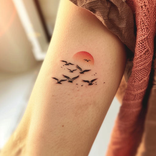 Elegant sunset tattoo with birds flying, white background