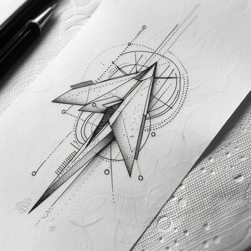 Minimalist black and white tattoo sketch of a paper airplane with geometric patterns